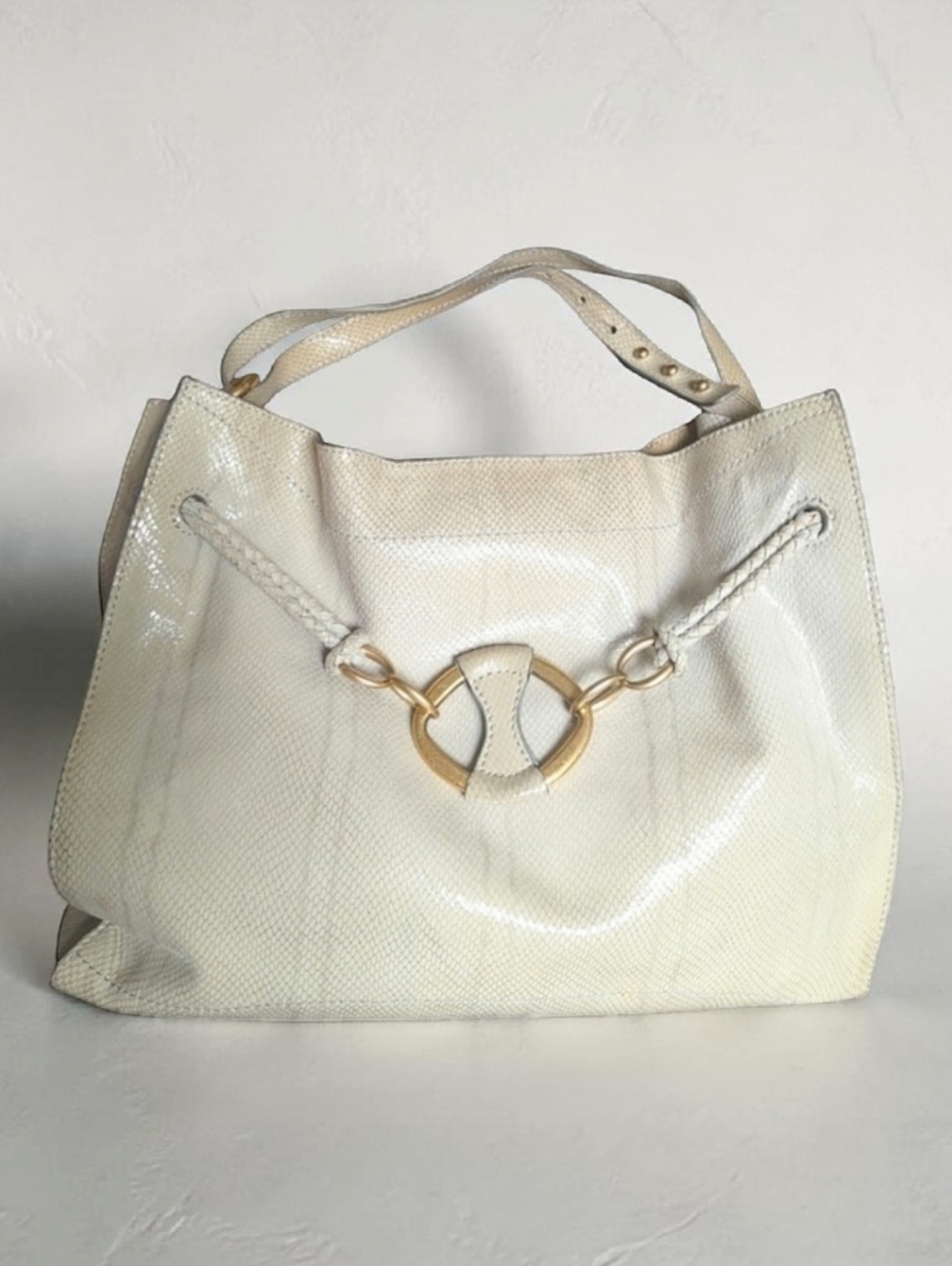 Vintage Tortuga Snakeskin Leather Shoulder Bag Ivory Braided Strap Gold Hardware